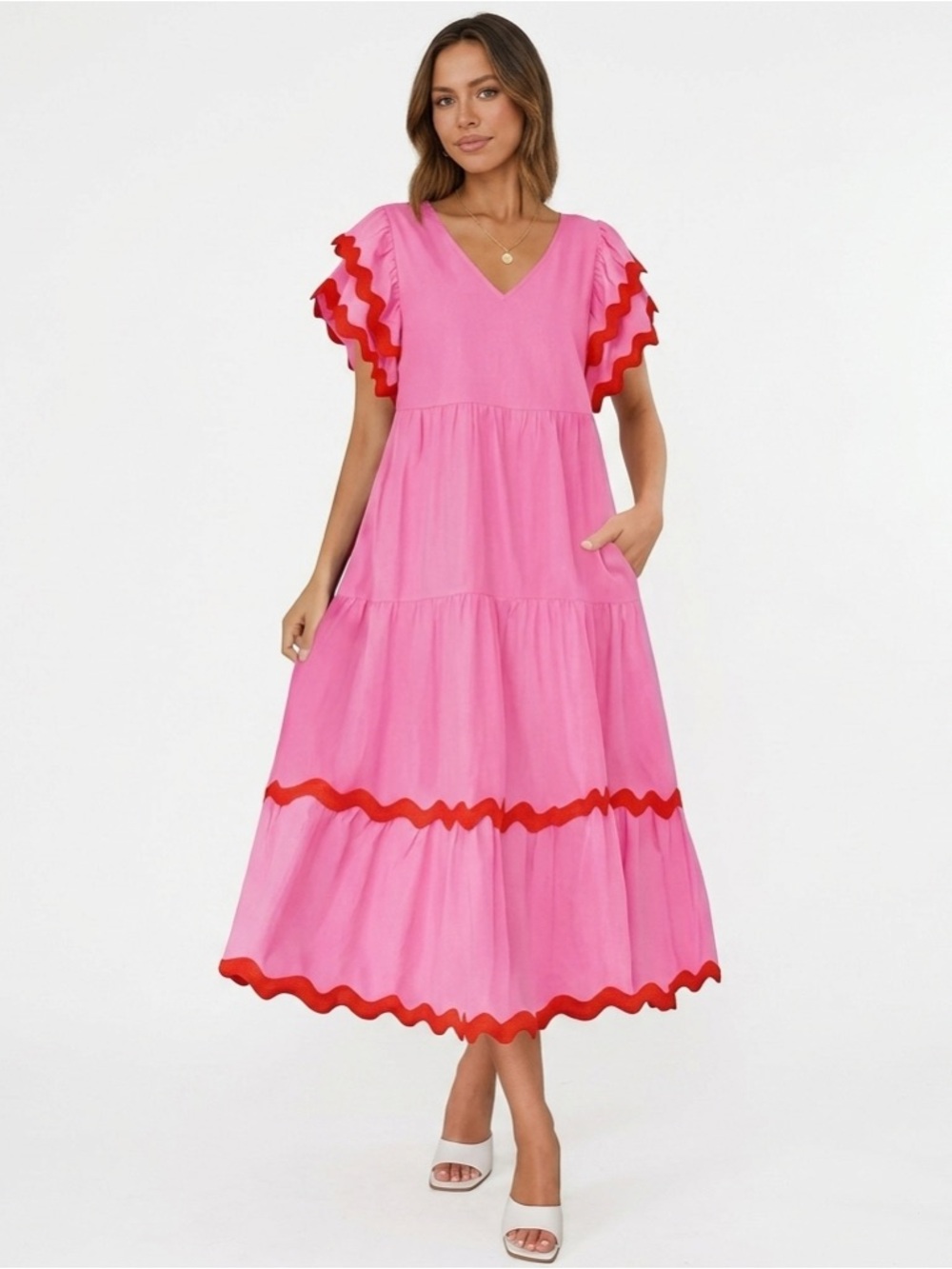 Zesica Women Summer Midi Dress V Neck Flutter Short Sleeve , Pinlk Size Small - Picture 1 of 8